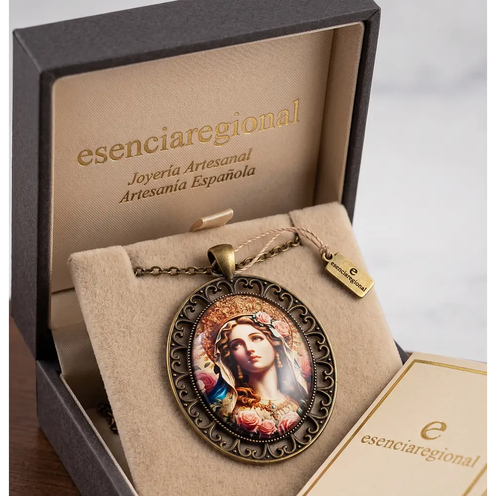 Medalla Ovalada de la Virgen con Rosas en Bronce Envejecido