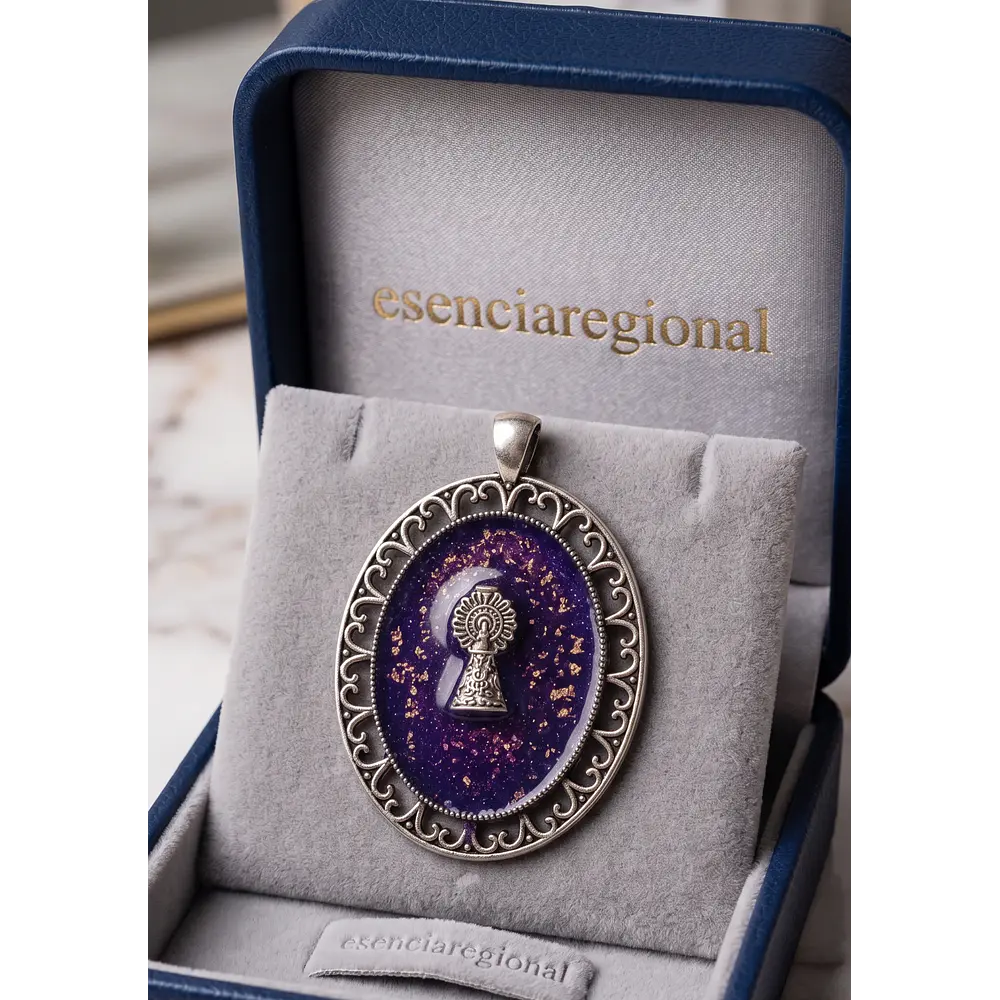 Medalla Ovalada de la Virgen con Fondo Morado y Filigrana Plateada