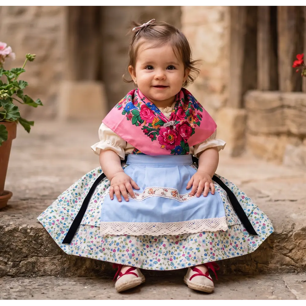 Traje de Baturra para Niña (6 a 9 meses) - Conjunto 4 Piezas con Pañuelo Rosa
