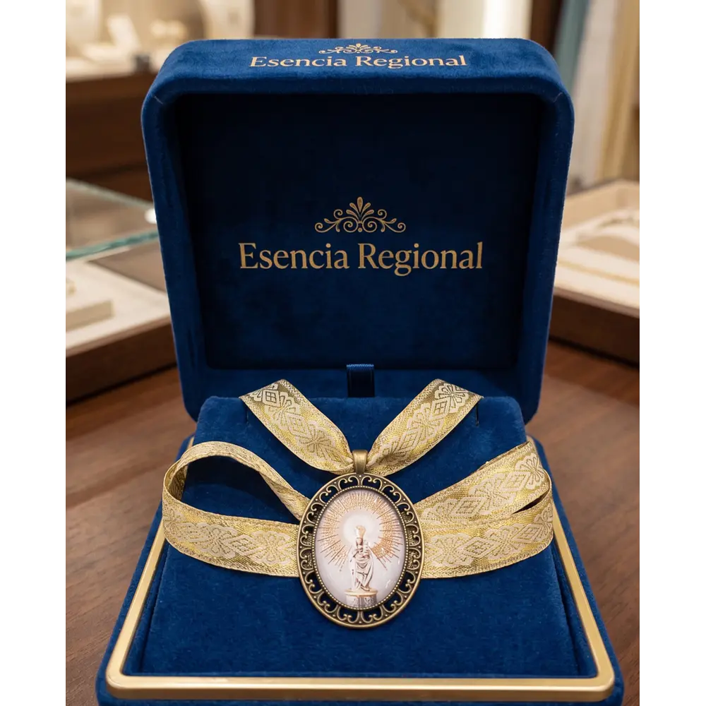 Conjunto de Medalla de la Virgen del Pilar y Cinta al Cuello Dorada