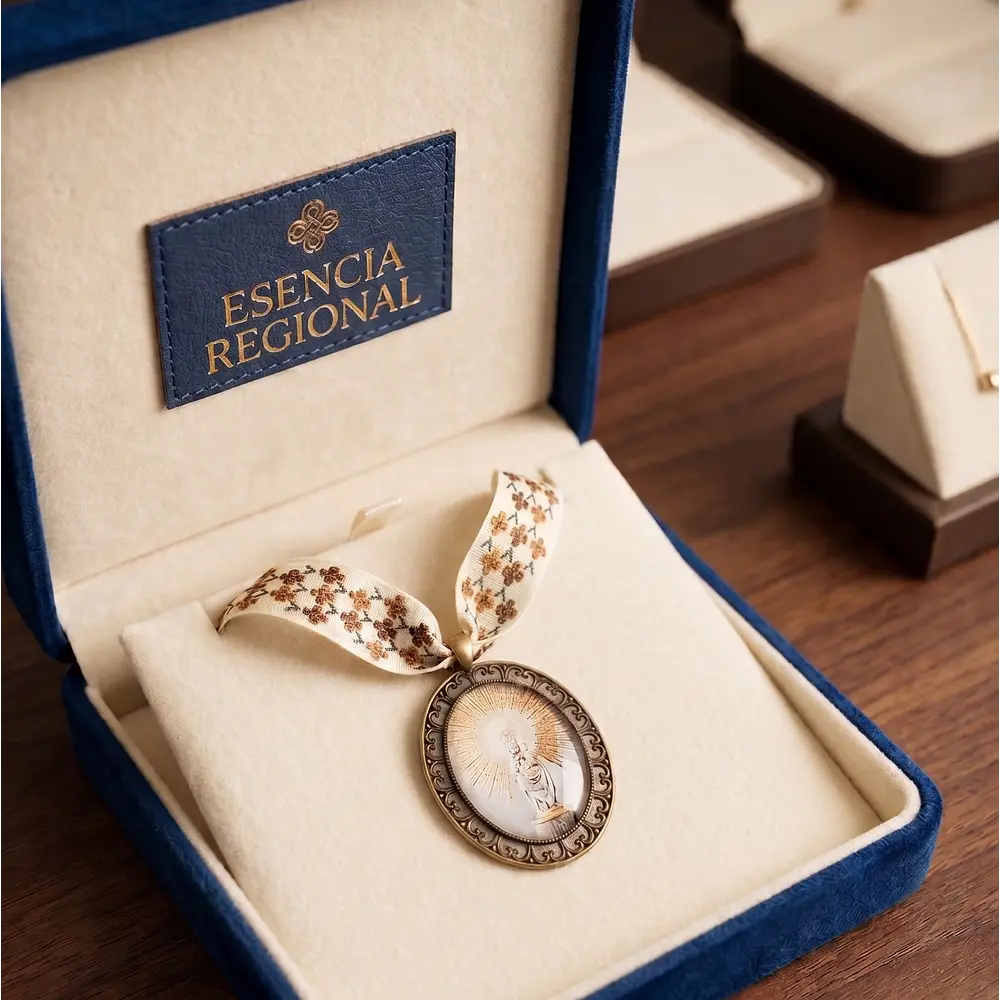 Conjunto de Medalla de la Virgen del Pilar y Cinta al Cuello (Tonos Crudos)