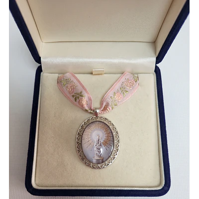 Conjunto de Medalla de la Virgen del Pilar Plateada y Cinta Rosa