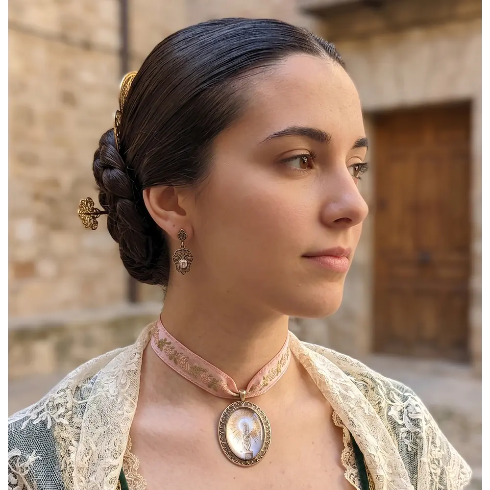 Conjunto de Medalla de la Virgen del Pilar en Plata y Cinta Rosa