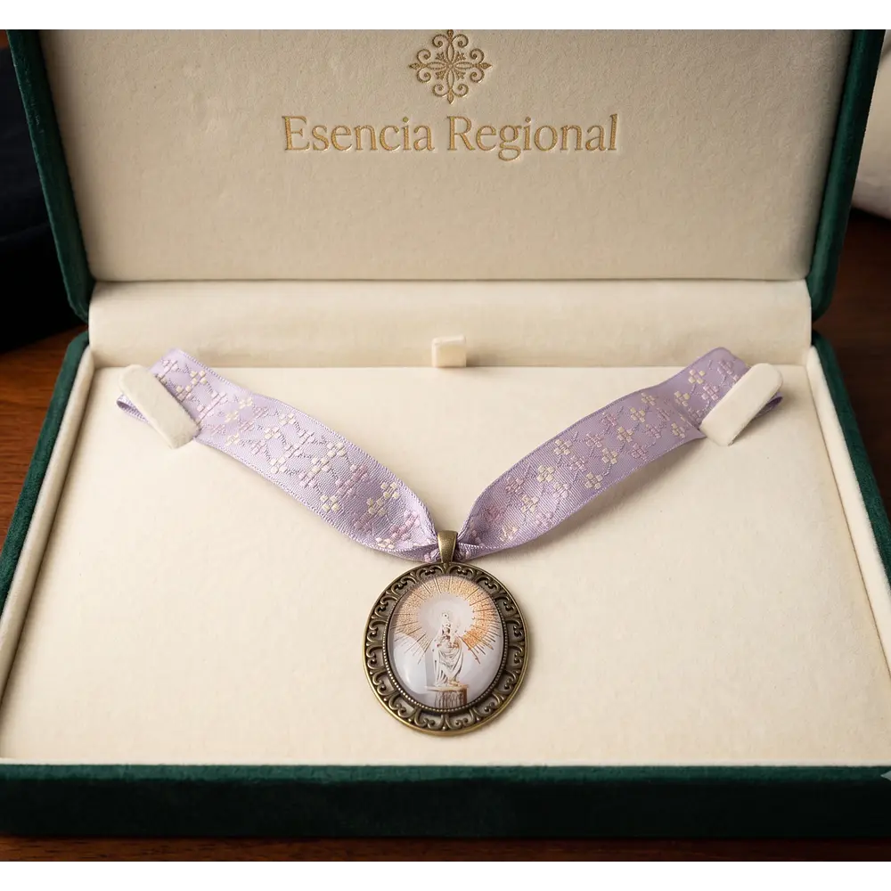 Conjunto de Medalla de la Virgen del Pilar y Cinta al Cuello Lila