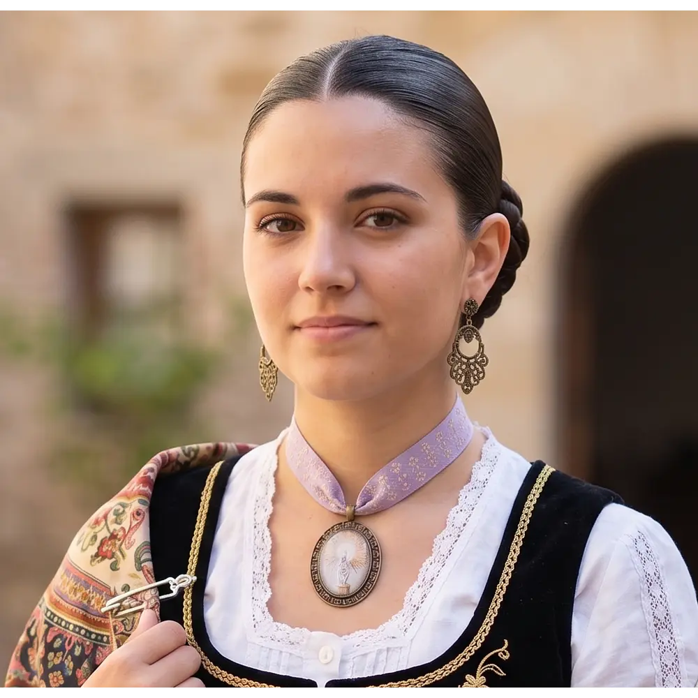 Conjunto de Medalla de la Virgen del Pilar y Cinta al Cuello Lila