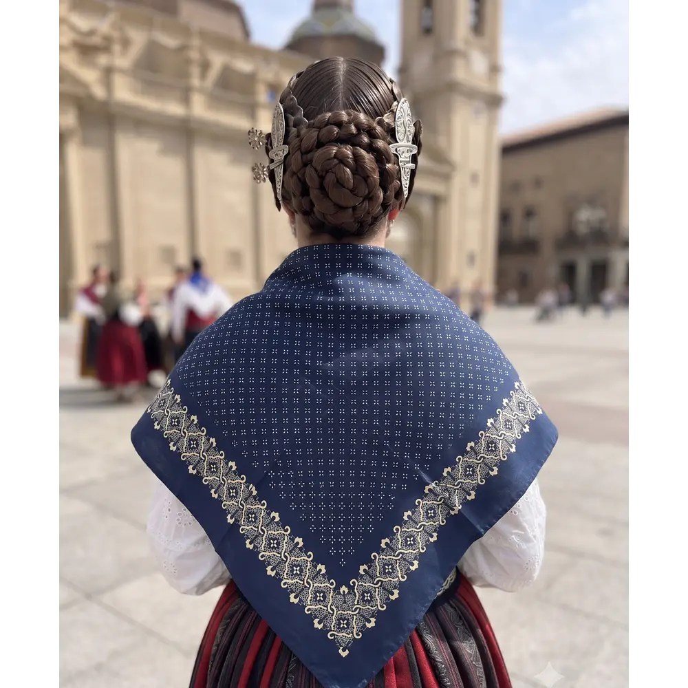 Pañuelo de Baturra Azul Marino con Cenefa Tradicional (90x90 cm)