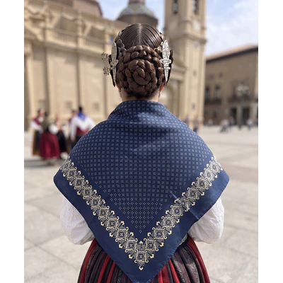 Pañuelo de Baturra Azul Marino con Cenefa Tradicional (90x90 cm)