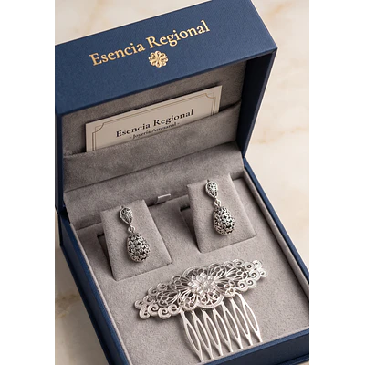 Conjunto de Pendientes y Peineta de Baturra en Tono Plata