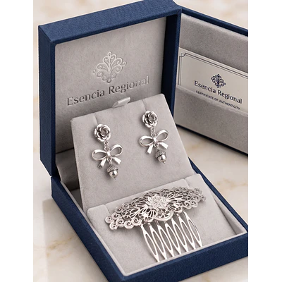 Conjunto de Pendientes de Lazo y Peineta de Baturra en Tono Plata