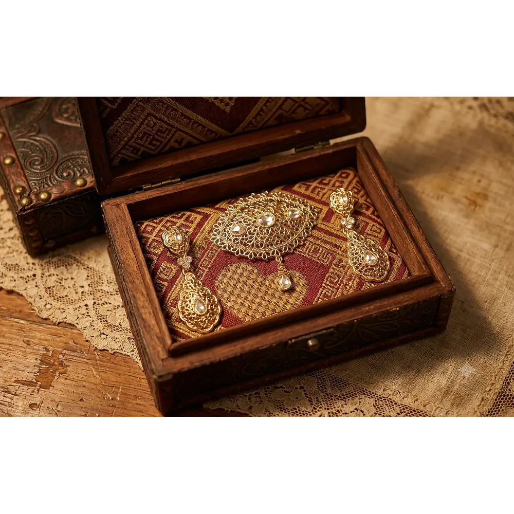 Conjunto de Pendientes y Broche de Baturra dorado  con Cristales