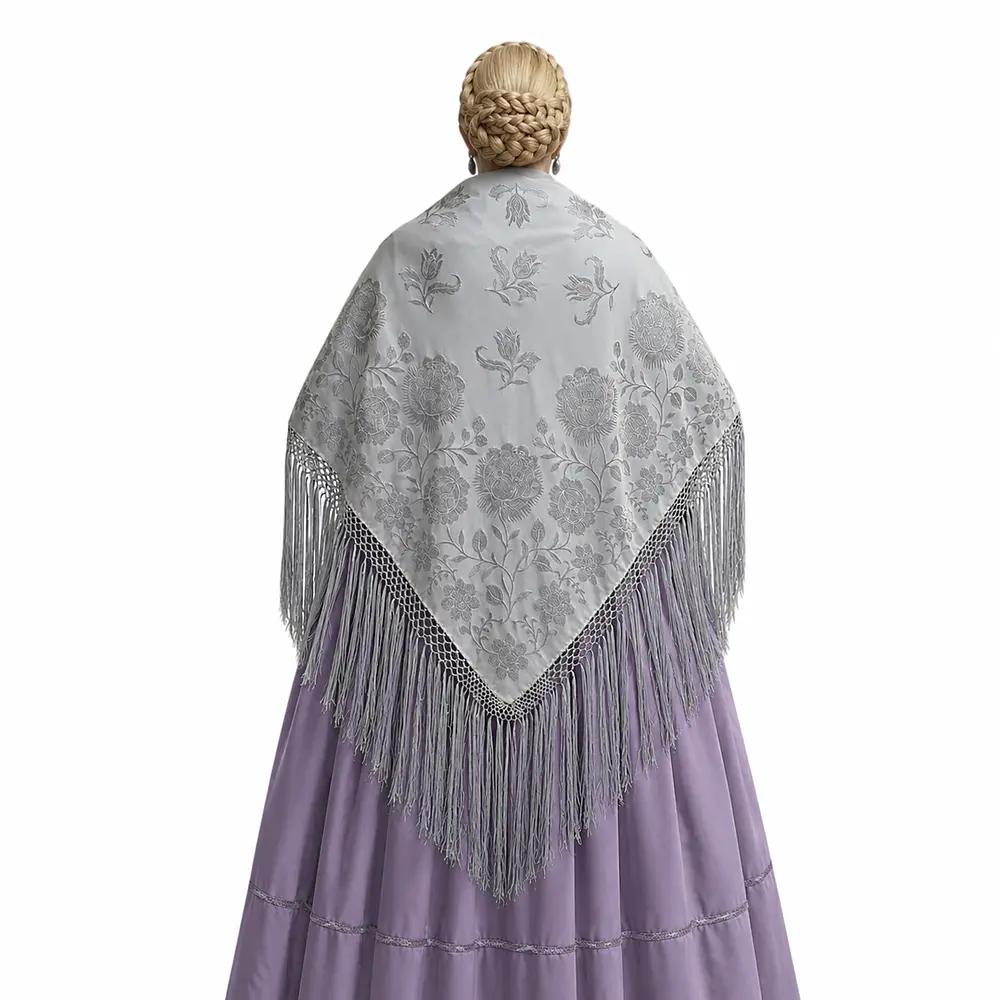 Mantón Regional 140x140 cm con Fleco Trenzado a Mano mod gris Alcazaba