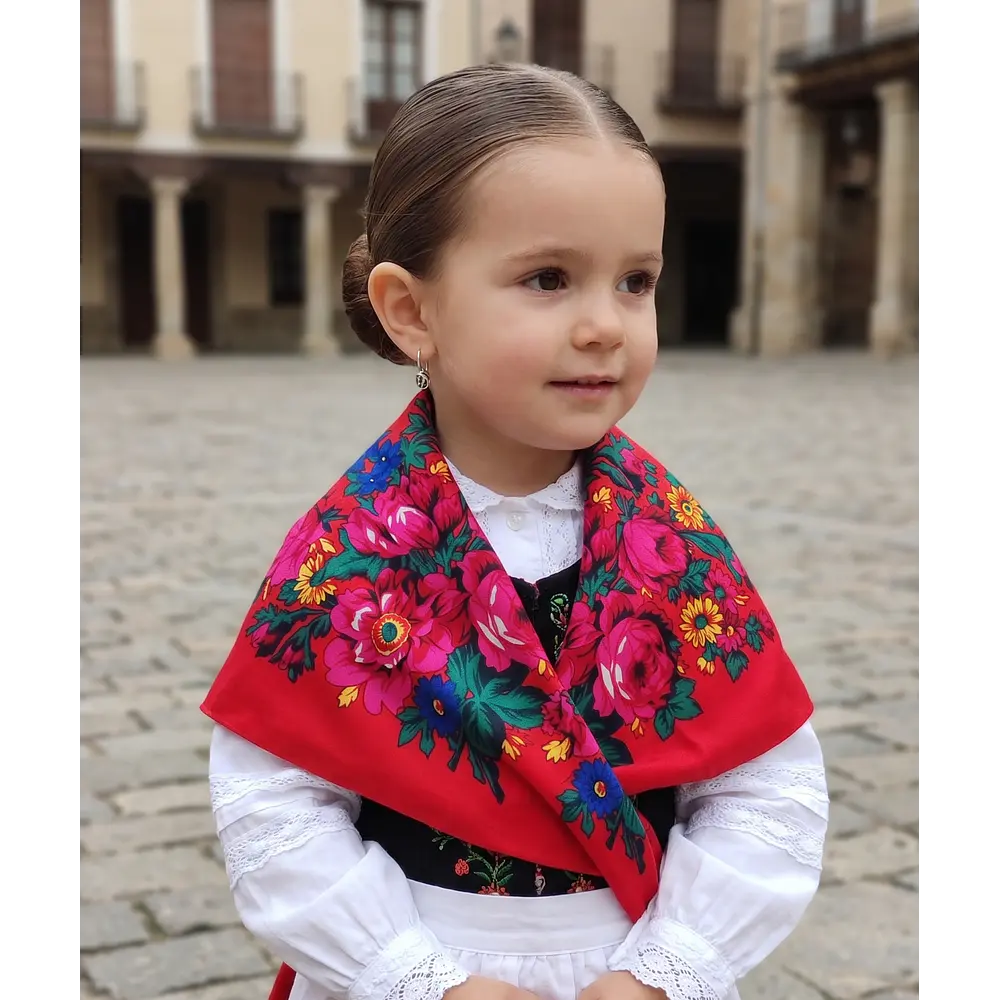 Pañuelo de Baturra para Niña Rojo Floral en Viscosa (70x70 cm)