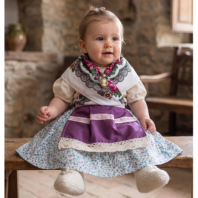 Traje de Baturra para Bebé (6 a 9 meses) - Conjunto 4 Piezas con Delantal Morado