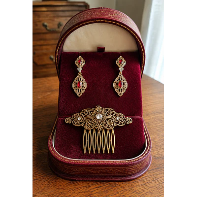 Pendientes y Peineta Dorados con Piedra Roja  Joyería para Traje Regional  Esencia Regional