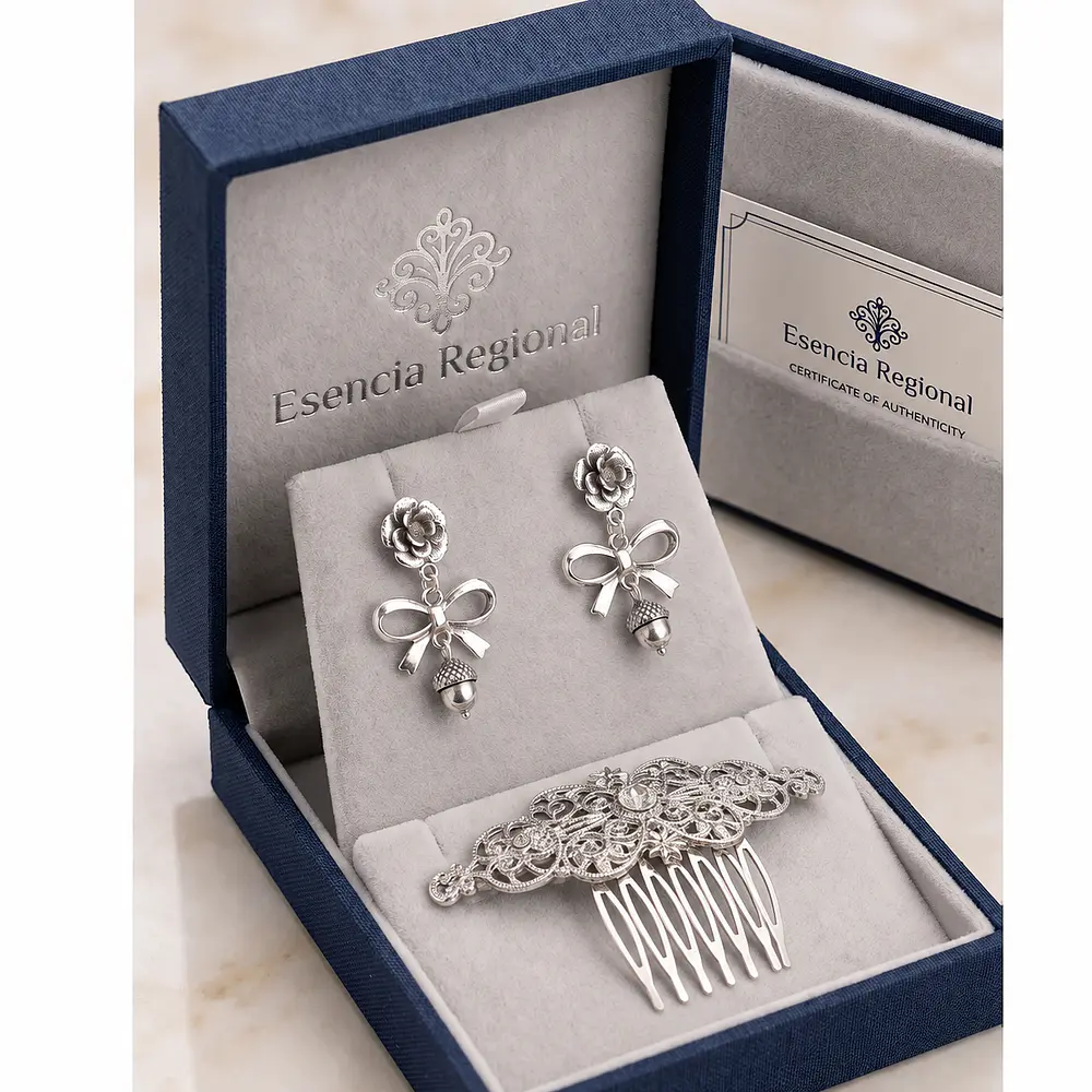 Conjunto de Pendientes de Lazo y Peineta de Baturra en Tono Plata