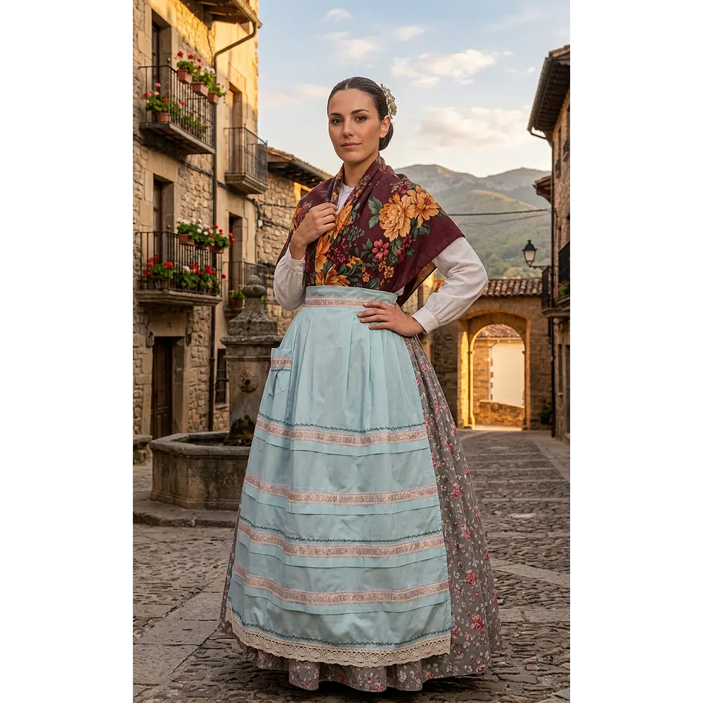 Traje baturra regional 3 piezas T 36/38 Mod Gris – Falda algodón estampada, pañoleta 110 cm y delantal artesanal