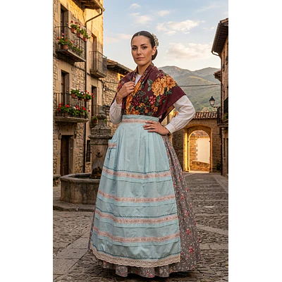 Traje baturra regional 3 piezas T 36/38 Mod Gris – Falda algodón estampada, pañoleta 110 cm y delantal artesanal