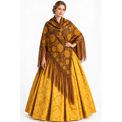 Conjunto Regional: Falda Damasco Oro y Mantón 140cm Tradición  T 42/44