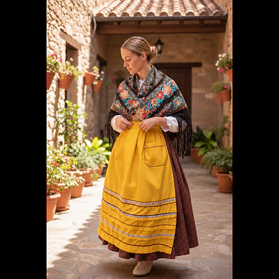 Traje baturra regional 3 piezas T 36/38 Mod Vinagre – Falda percal, mantón y delantal artesanal