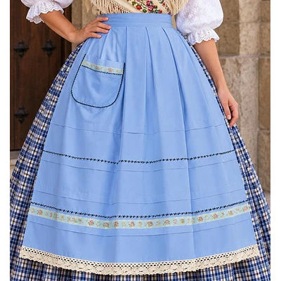 Delantal regional azul con bolsillo y bordados