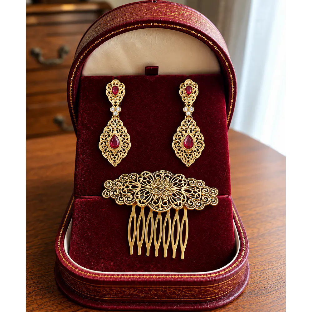 Pendientes y Peineta Dorados con Piedra Roja  Joyería para Traje Regional  Esencia Regional