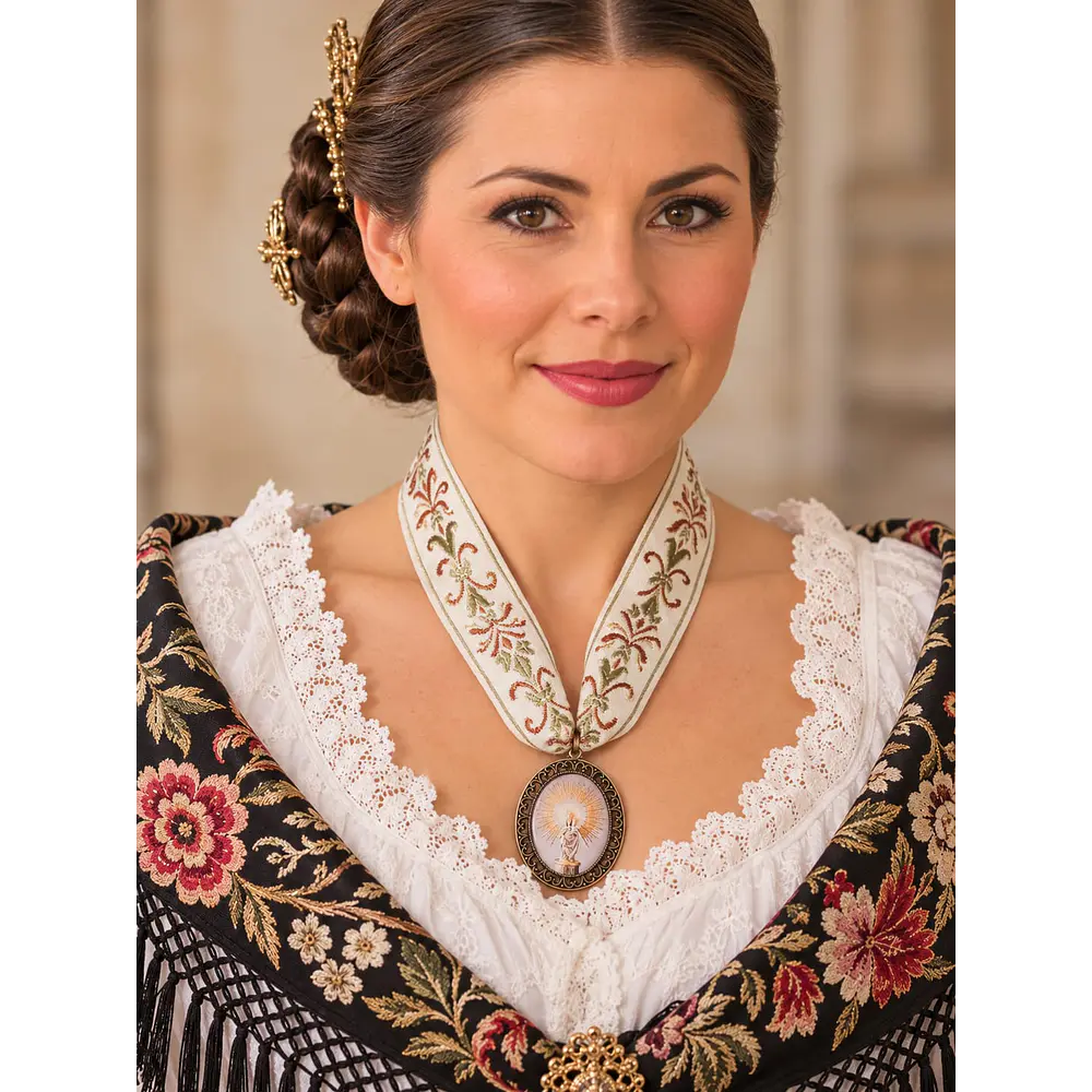 Conjunto de Medalla de la Virgen del Pilar y Cinta al Cuello (Tonos Crudos)