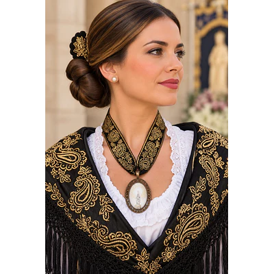 Collar Baturra con Medalla de la Virgen del Pilar y Cinta Bordada Tradicional