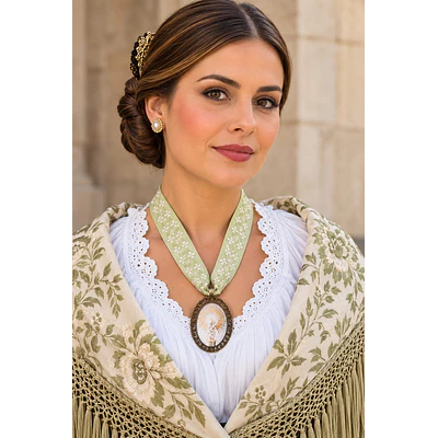 Conjunto de Medalla de la Virgen del Pilar en Plata y Cinta Verde