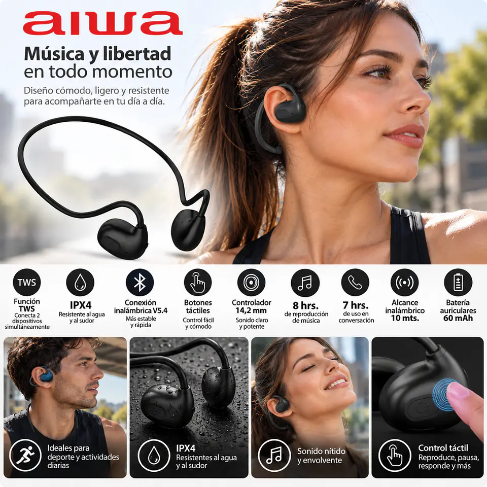 Audífonos Deportivos Bluetooth AIWA AWGSPORT 8H IPX4 5