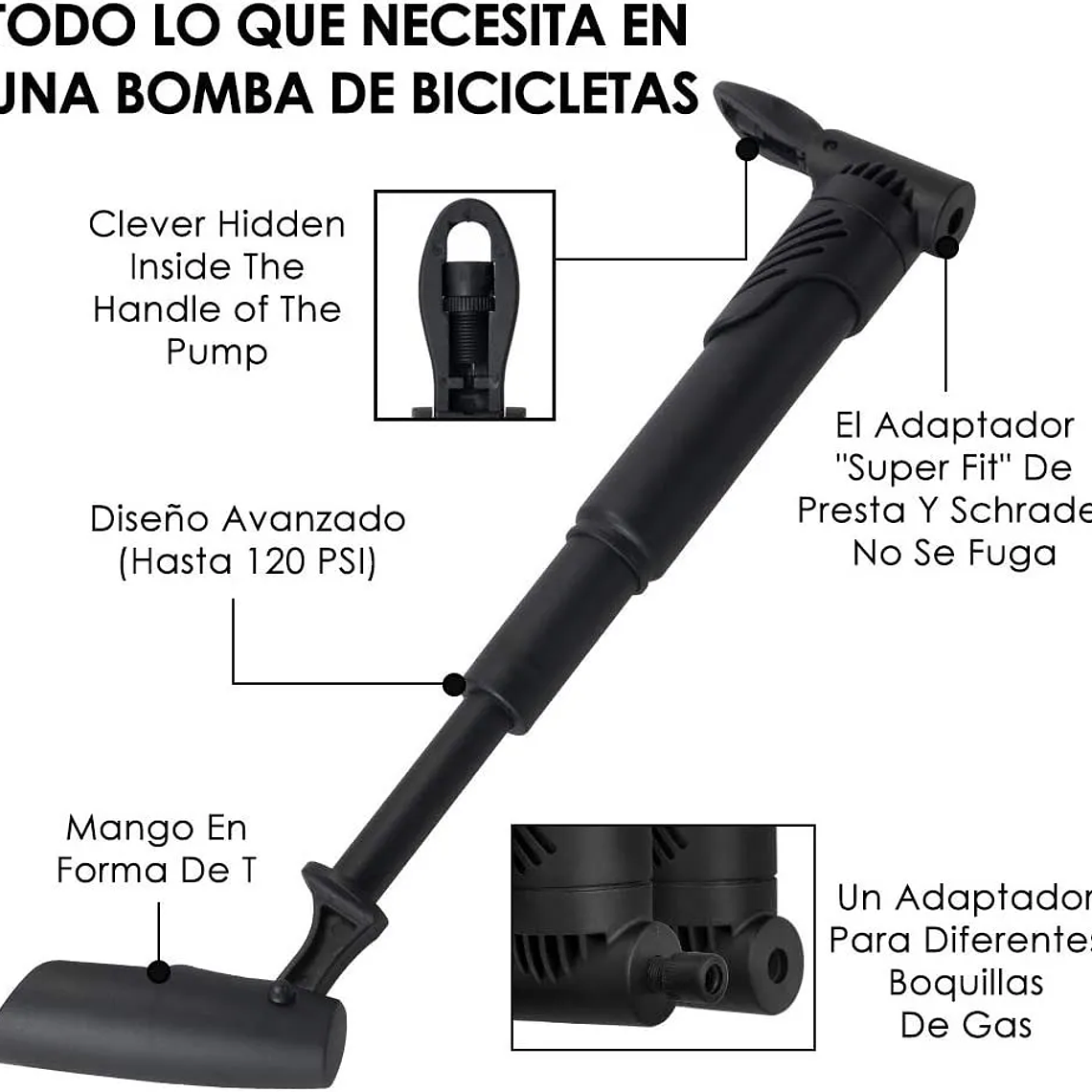 Set Bombín Inflador Manual Para Bicicleta 120 Psi 3