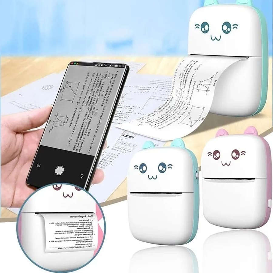 Mini Impresora Térmica Portátil Bluetooth Gatito + 1 Rollo