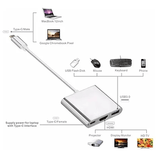 Adaptador Hub 3 En 1 Usb Tipo C A Usb-c Hdmi Usb 3.0 4k