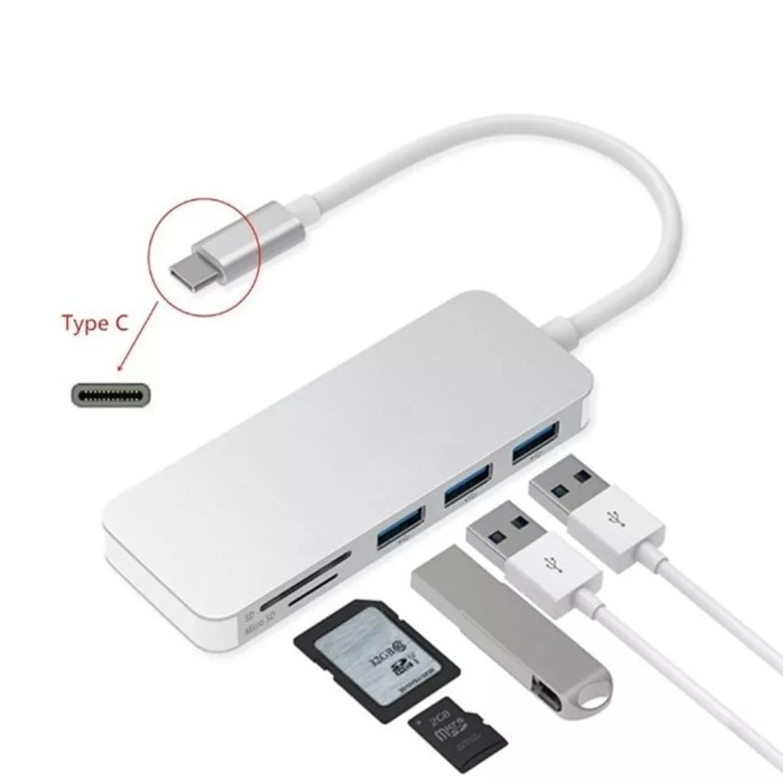 Adaptador Type C Tipo C 3 X Usb 3.0, Tf, Micro Sd 5en1 1