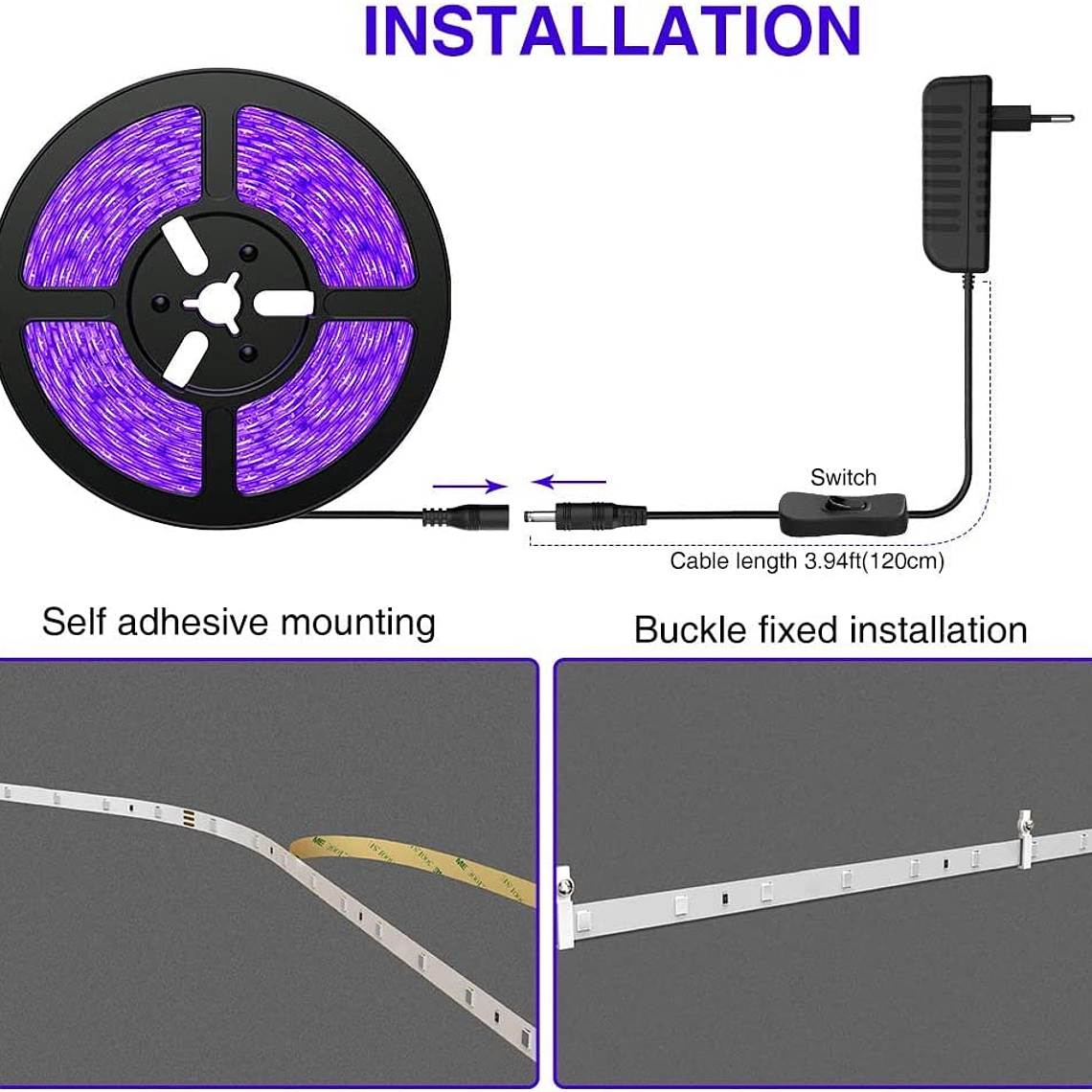 Cinta Led 12v Uv Negra Fluor Adhesiva 5mts + Adaptador 220v 4