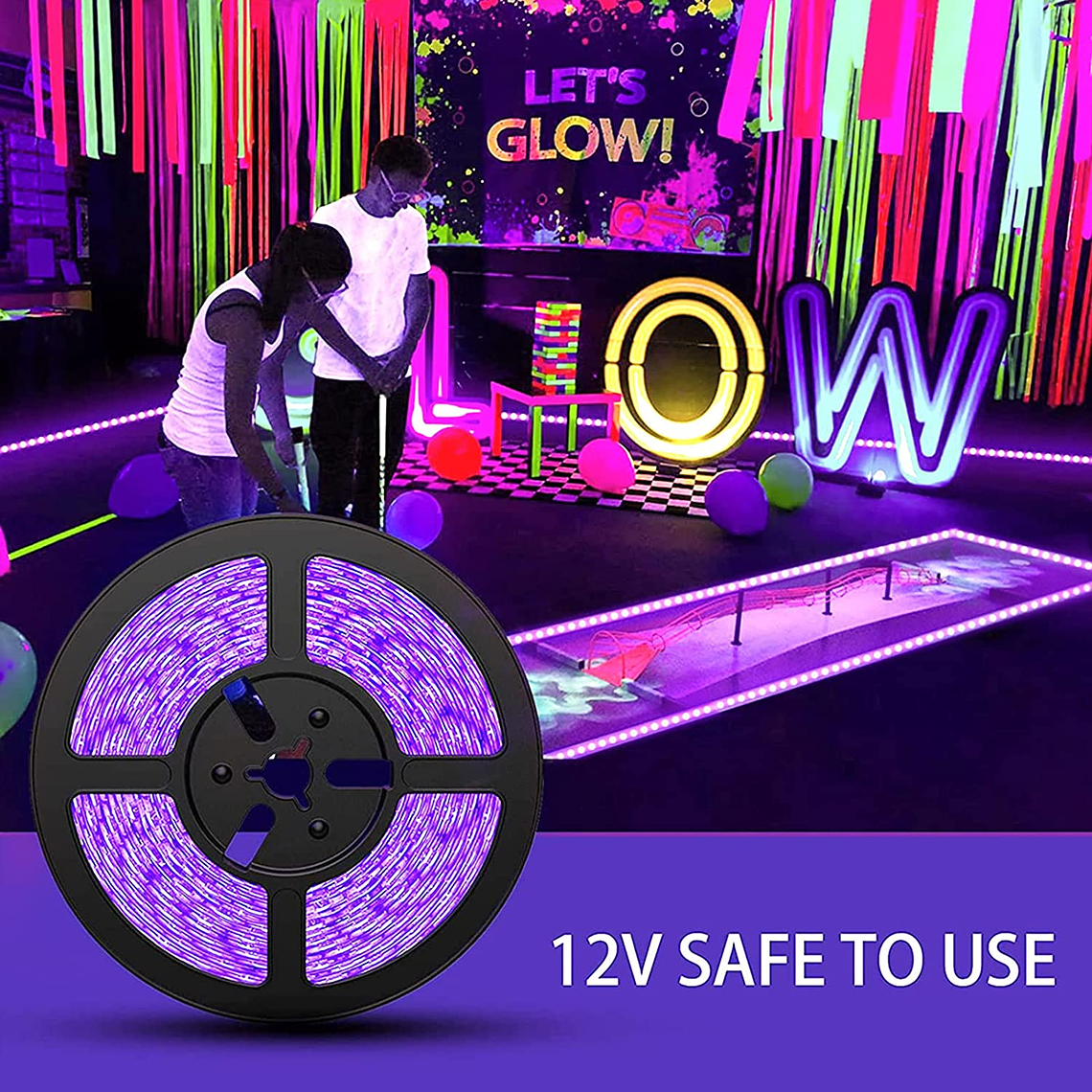 Cinta Led 12v Uv Negra Fluor Adhesiva 5mts + Adaptador 220v 2