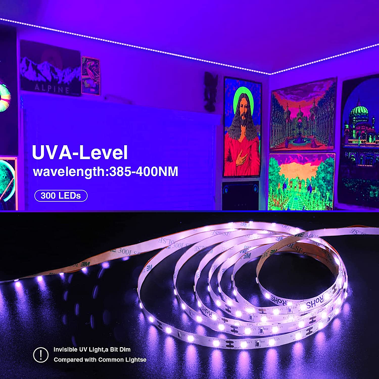 Cinta Led 12v Uv Negra Fluor Adhesiva 5mts + Adaptador 220v 3