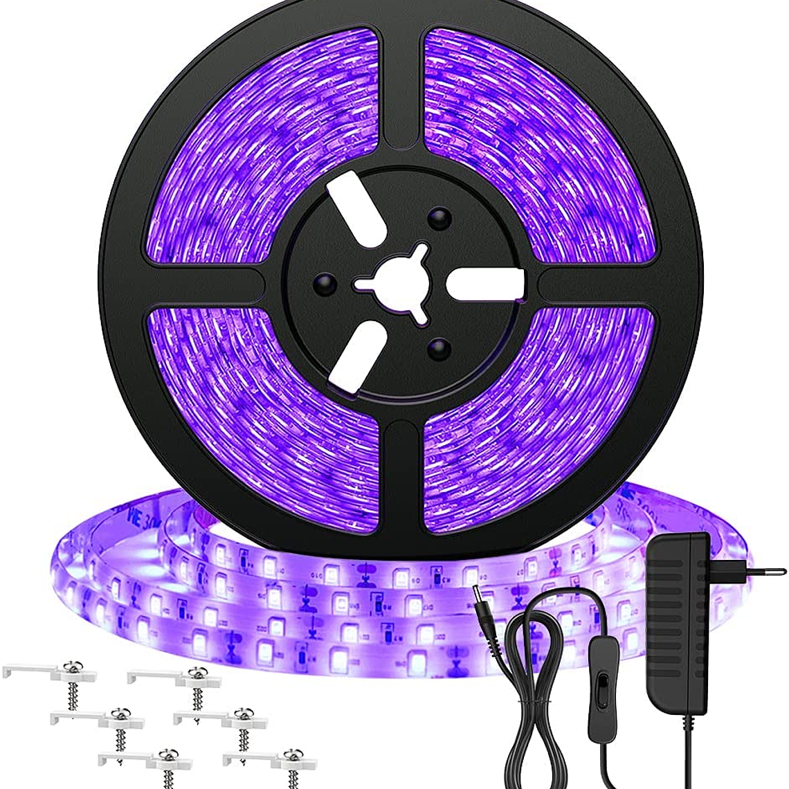 Cinta Led 12v Uv Negra Fluor Adhesiva 5mts + Adaptador 220v 1