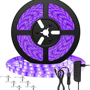 Cinta Led 12v Uv Negra Fluor Adhesiva 5mts + Adaptador 220v