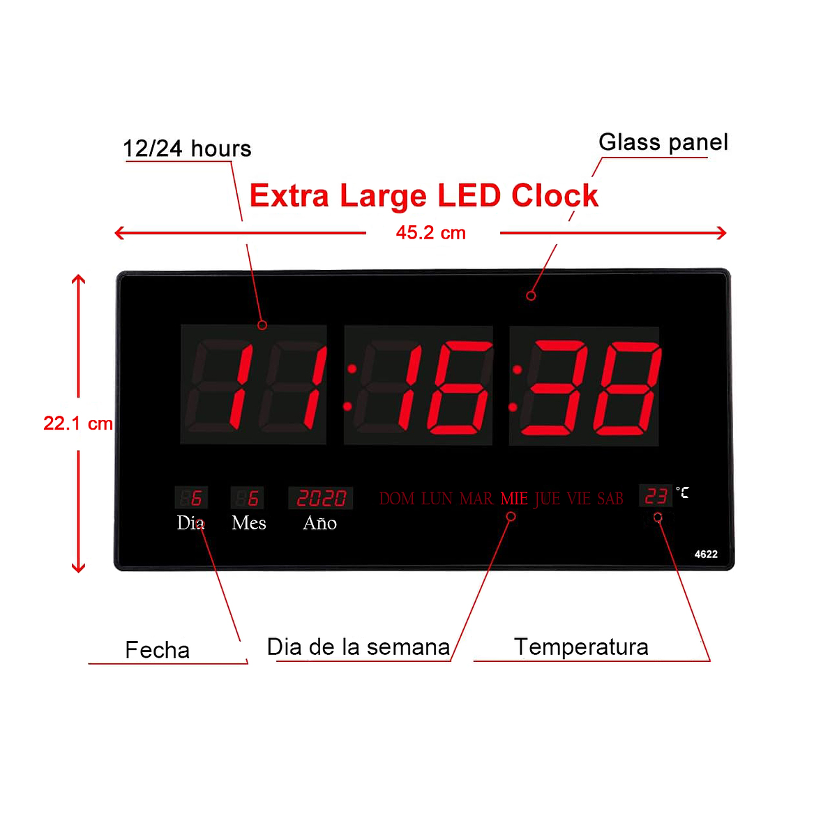 Reloj Digital Pared Luz Led Hora Fecha Temperatura