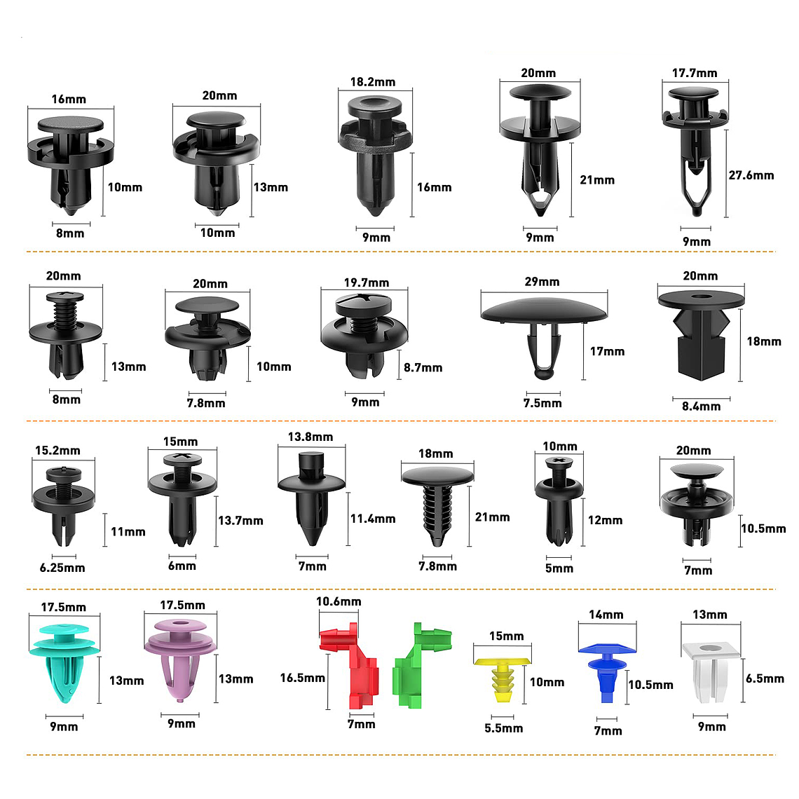 Kit 725 Clip Broche Retención Plástico Auto Lata Tapabarro 3