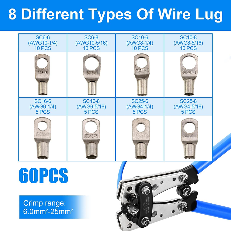 Alicate Herramienta Crimpado 6/10/16/25/35/50mm + Terminales 5