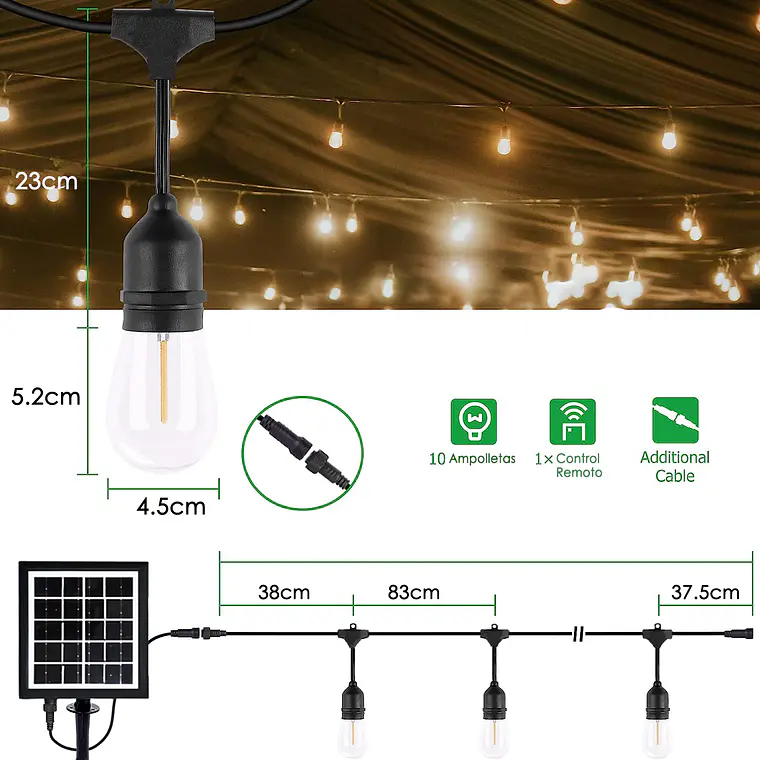 Guirnalda 10 Metros Panel Solar Con 10 Ampolletas Led Calida 4