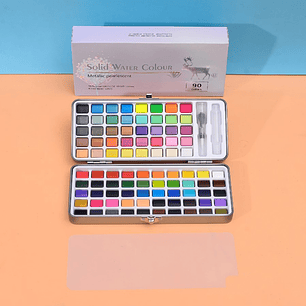 Juego Acuarela 90 Colores Regulares, Metalizados Y Fluorescente