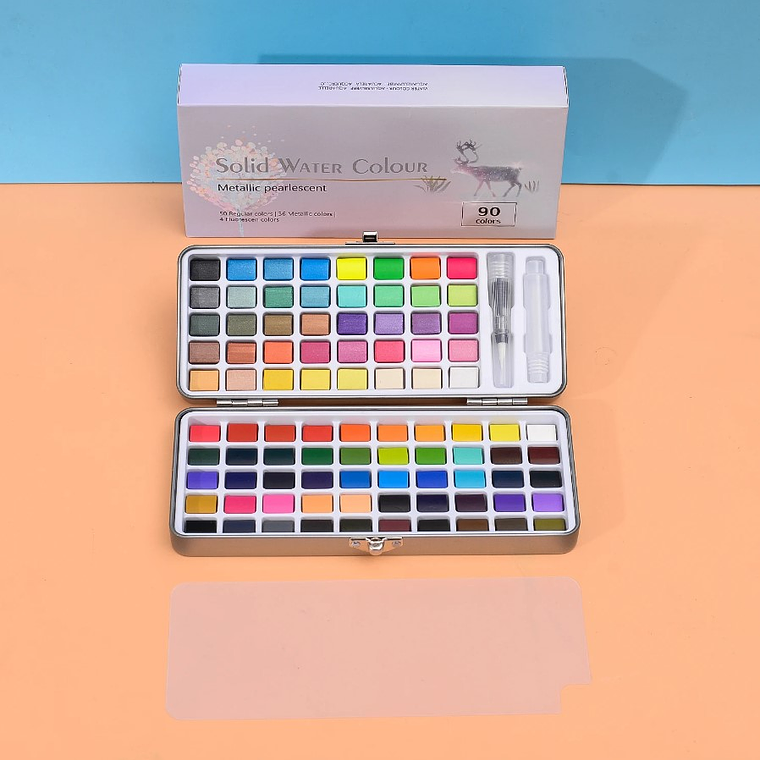 Juego Acuarela 90 Colores Regulares, Metalizados Y Fluorescente 2