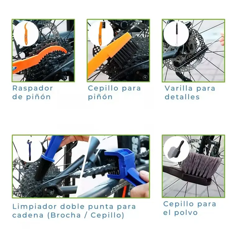 Limpieza Bicicleta Kit 9 Piezas Cepillo Polvo +limpia Cadena 2