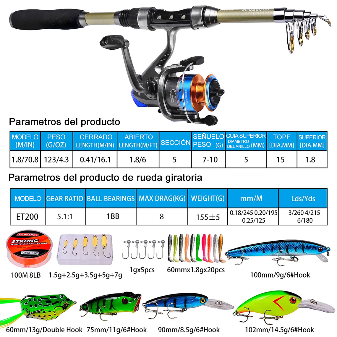 Kit Pesca 1.8m Caña Carrete Señuelo Accesorio Bolsa Completo 5