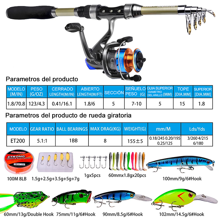 Kit Pesca 1.8m Caña Carrete Señuelo Accesorio Bolsa Completo 5
