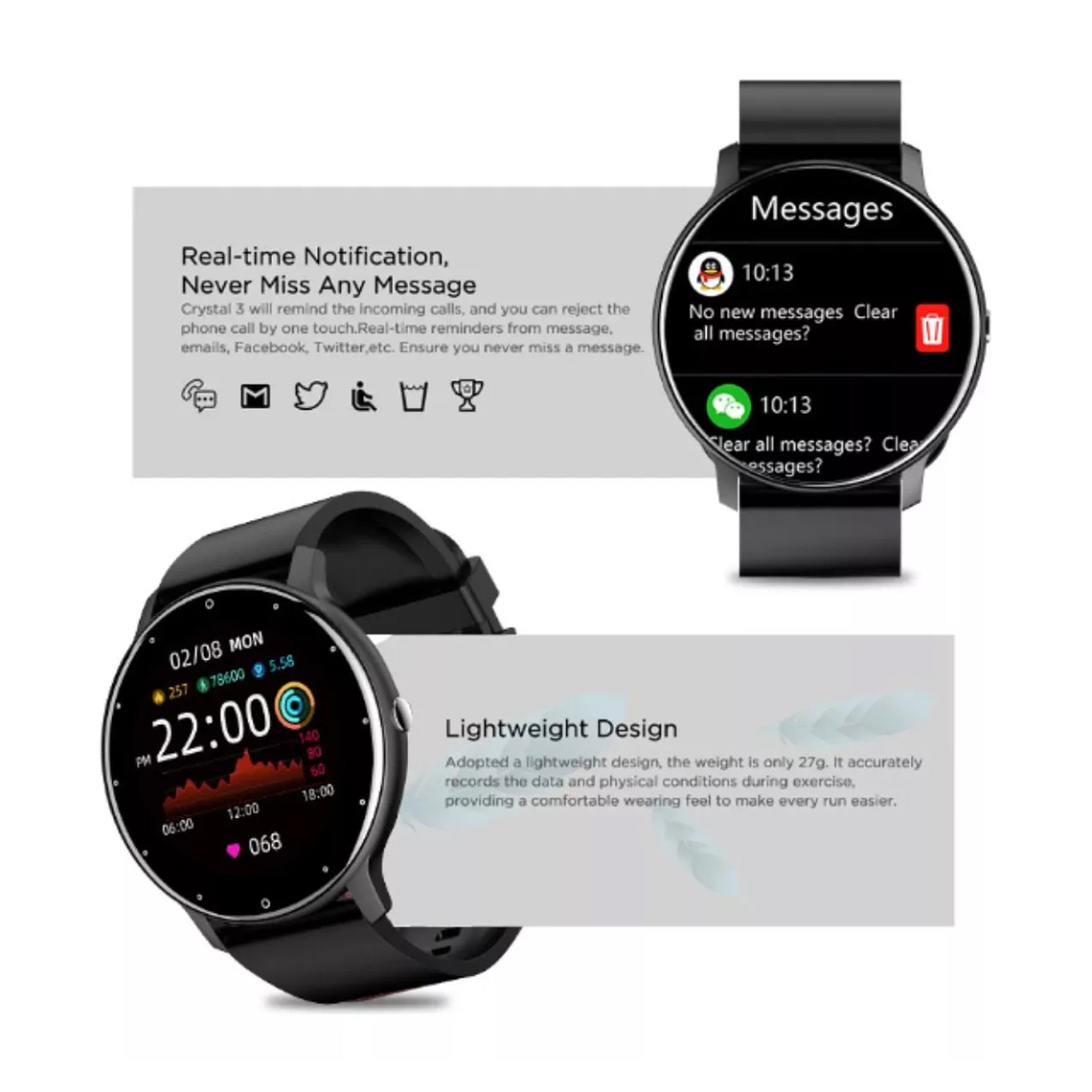 Smartwatch Genérica Zl02 Malla Negra De Silicona Y Bisel 3