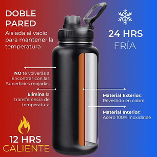 Termo Botella Agua Termica Acero Inoxidable + 4 Tapas 1000ml
