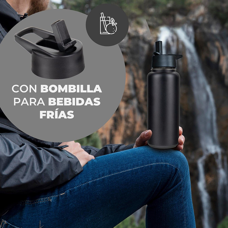 Termo Botella Agua Termica Acero Inoxidable + 4 Tapas 1000ml 5